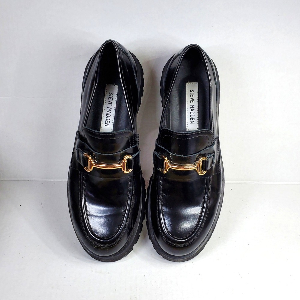 Steve Madden Lando Black Leather Lug Sole Bit Loafers Womens 11 M LANDO551
